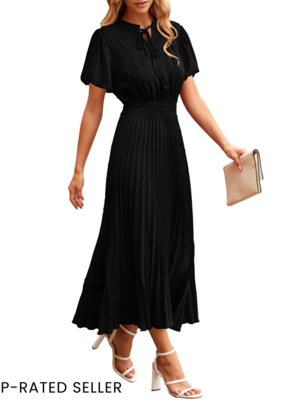 Swiss Dot Pleated Midi Dress Puff Sleeve V Neck A Line Summer Wedding Guest